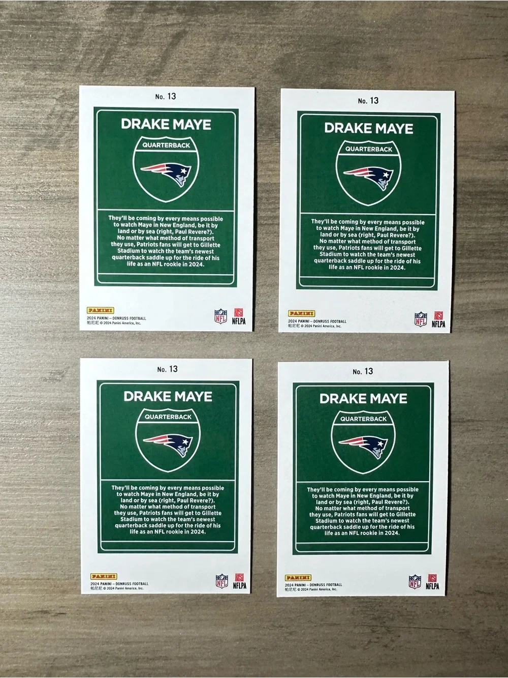 Drake Maye Lot of (4) 2024 Panini Downtown #8 Novelty Football Cards.